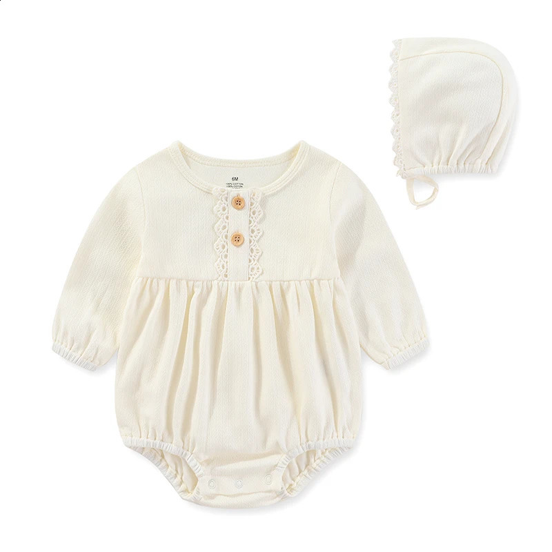 born baby girl clothing set 024 months cotton tight fitting clotheshat long sleeved lace solid color jumpsuit printed Beibei 240925