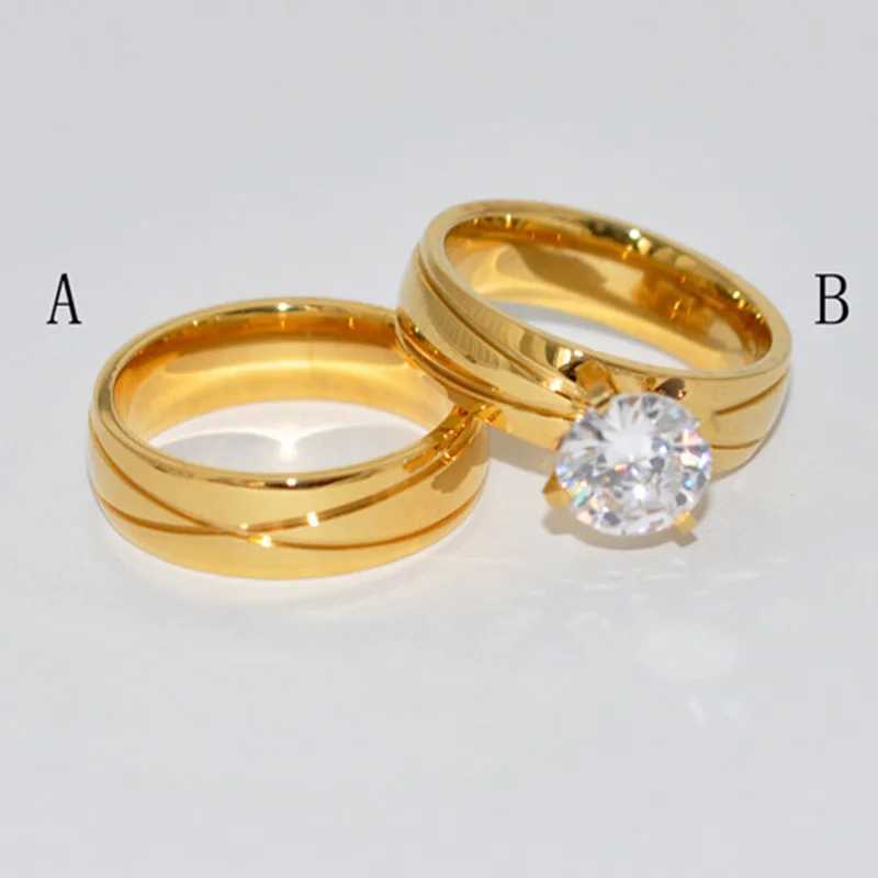 Hot selling stainless steel gold-plated wedding couple jewelry ring cubic zirconia W240925