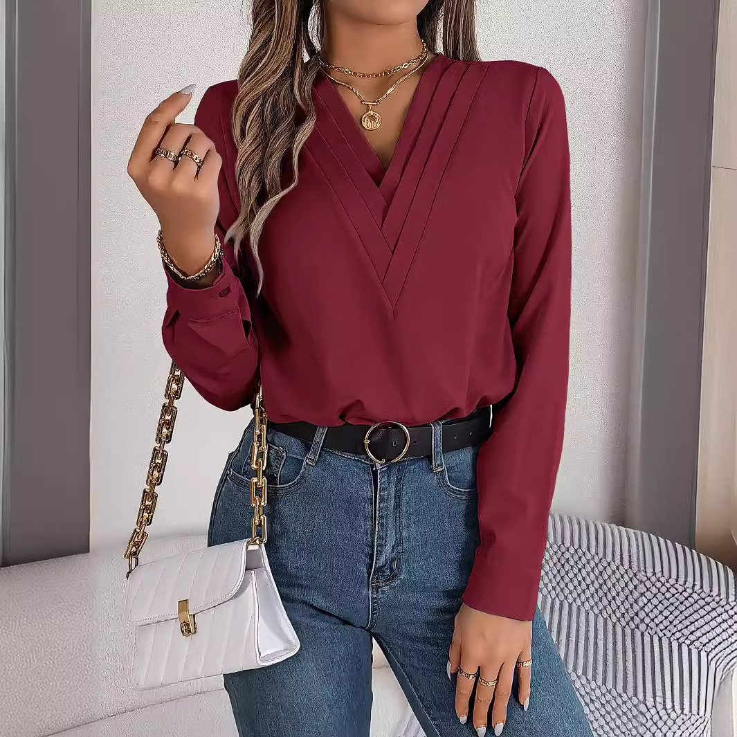 Blouses Designer For Women Blouse Realistic Photo Of 2024 Autumn And Winter Elegant Solid Color Layered V-Neck Long Sleeved Shirt Women's Clothin