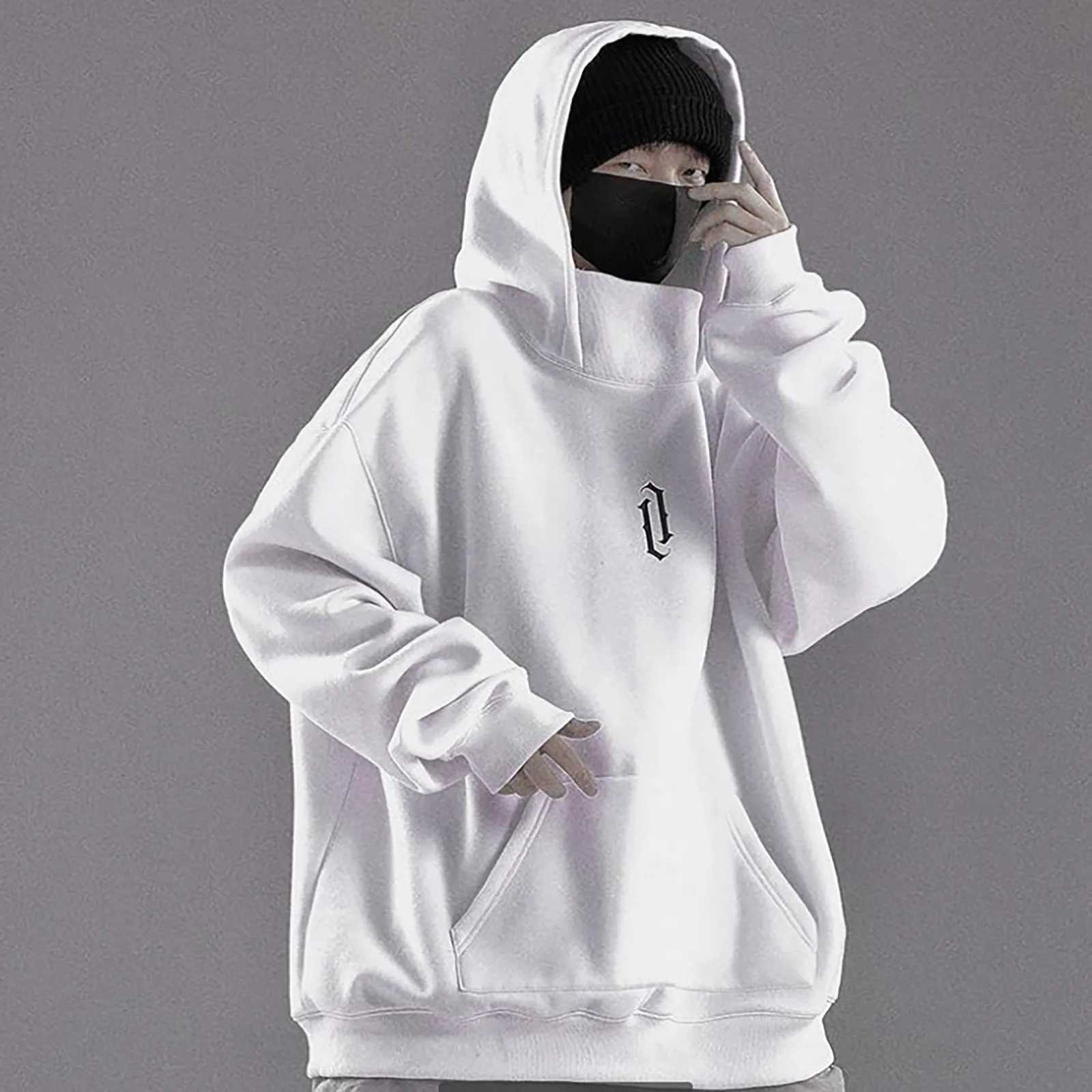 Men Hooded Sweatshirt Autumn Winter Solid Color Long Sleeve Hoodies Loose Hip Hop Ninjas Hoodie High Neck Sports Pullover StreetX240925