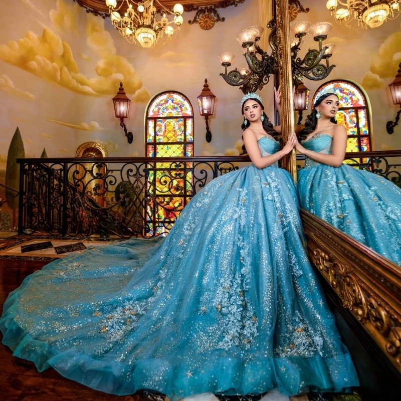 Sparkly Water Blue Ball Gown Quinceanera Dresses Sweetheart Applique Lace Bead Crystal Tull Birthday Party Sweet 16 Vestidos De 15 Anos