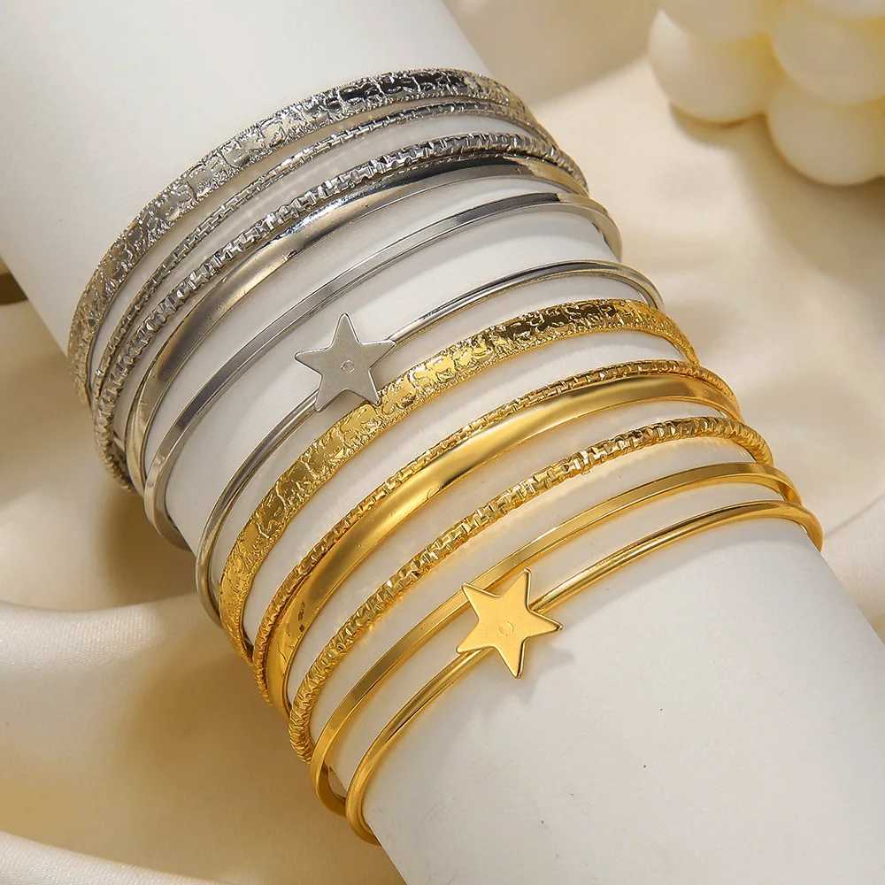 6Pcs /Set Vintage Punk Open Mouth Five-Pointed Star Bracelet Set Women Golden Geometric Metal Irregularity Bracelet PartyJewelryX240925