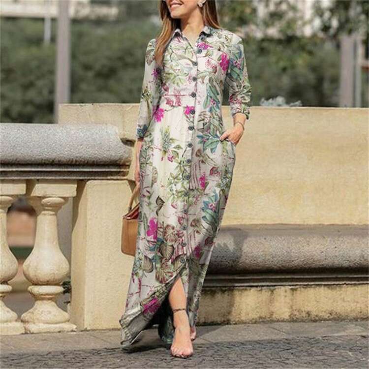 Women's holiday casual lapel sleeved robe ral printed cotton dress button shirt long
