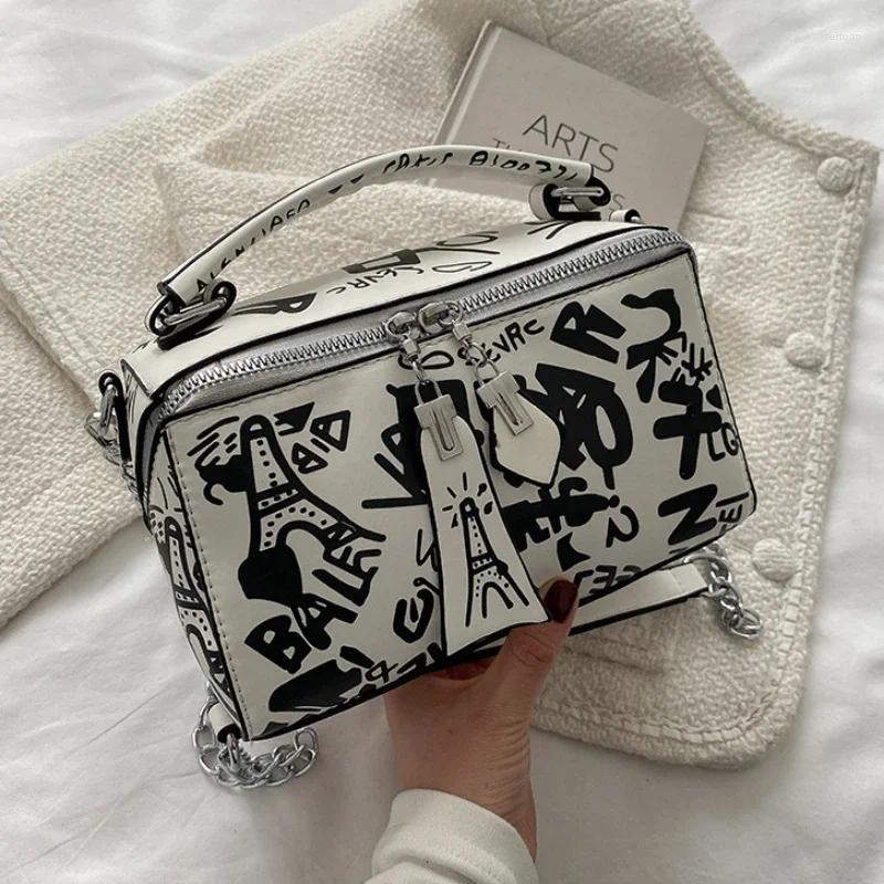 Drawstring Fashion Chic Graffiti Bags For Women 2024 Trend Design Leather In Handbag And Purse Casual Chain Shoulder Crossbody Bag
