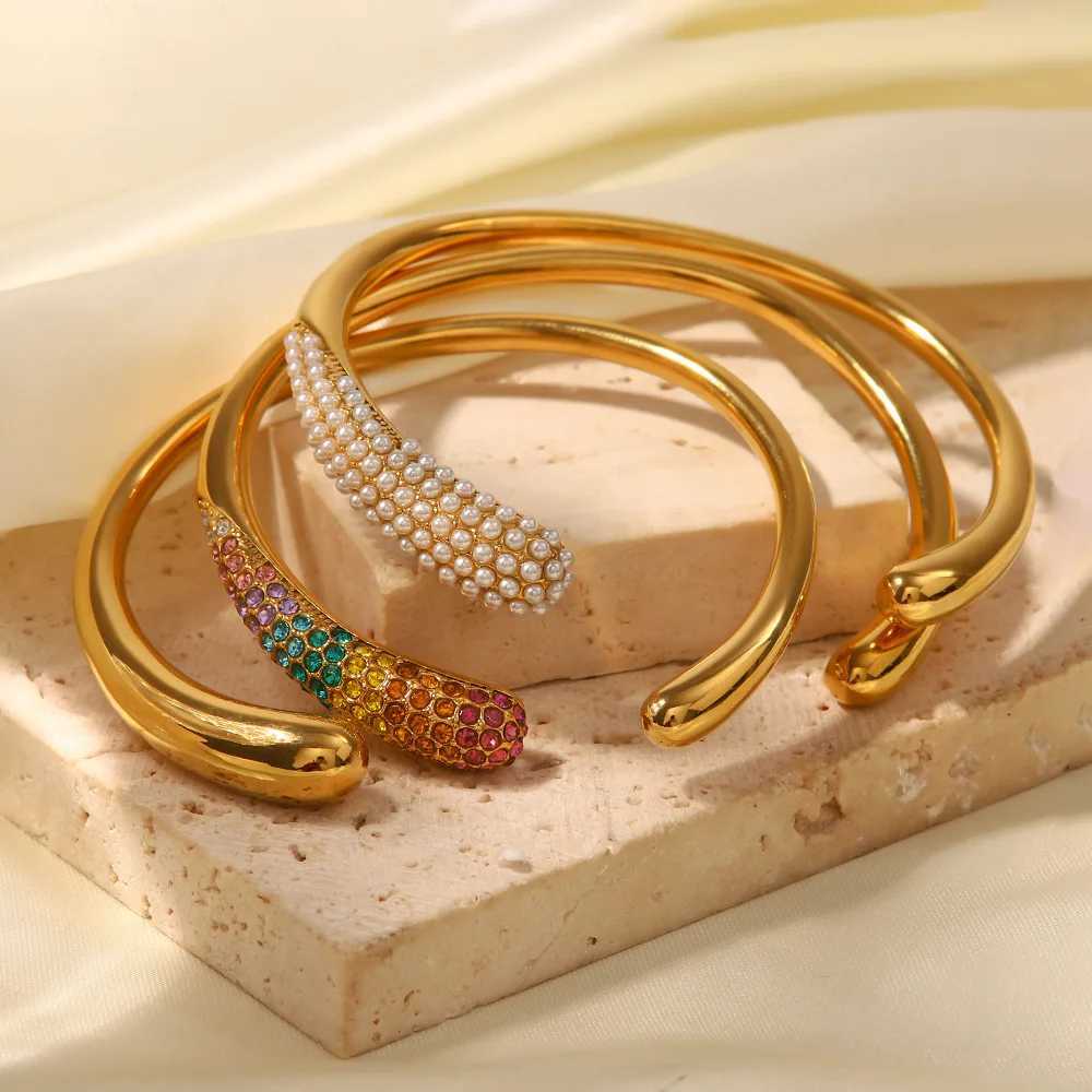 RAKOL Stainless Steel Cuff Open Bangles Womens Waterproof Metal Texture Glossy Gold Plated Tarnish Proof Bracelet Party JewelryX240925