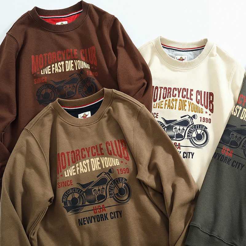 Vintage motorcycle printing thick texture hoodie mens round neck knitted wool circle cloth base shirt top tideX240925