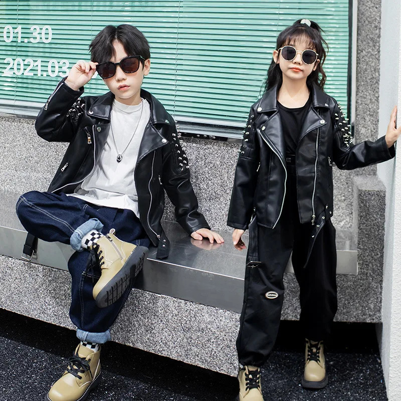 Spring Autumn Performance Motorcycle Black PU Coat Kids Rivet Childrens Leather Jackets For Girl Boys Zipper Clothes XMP19 240920