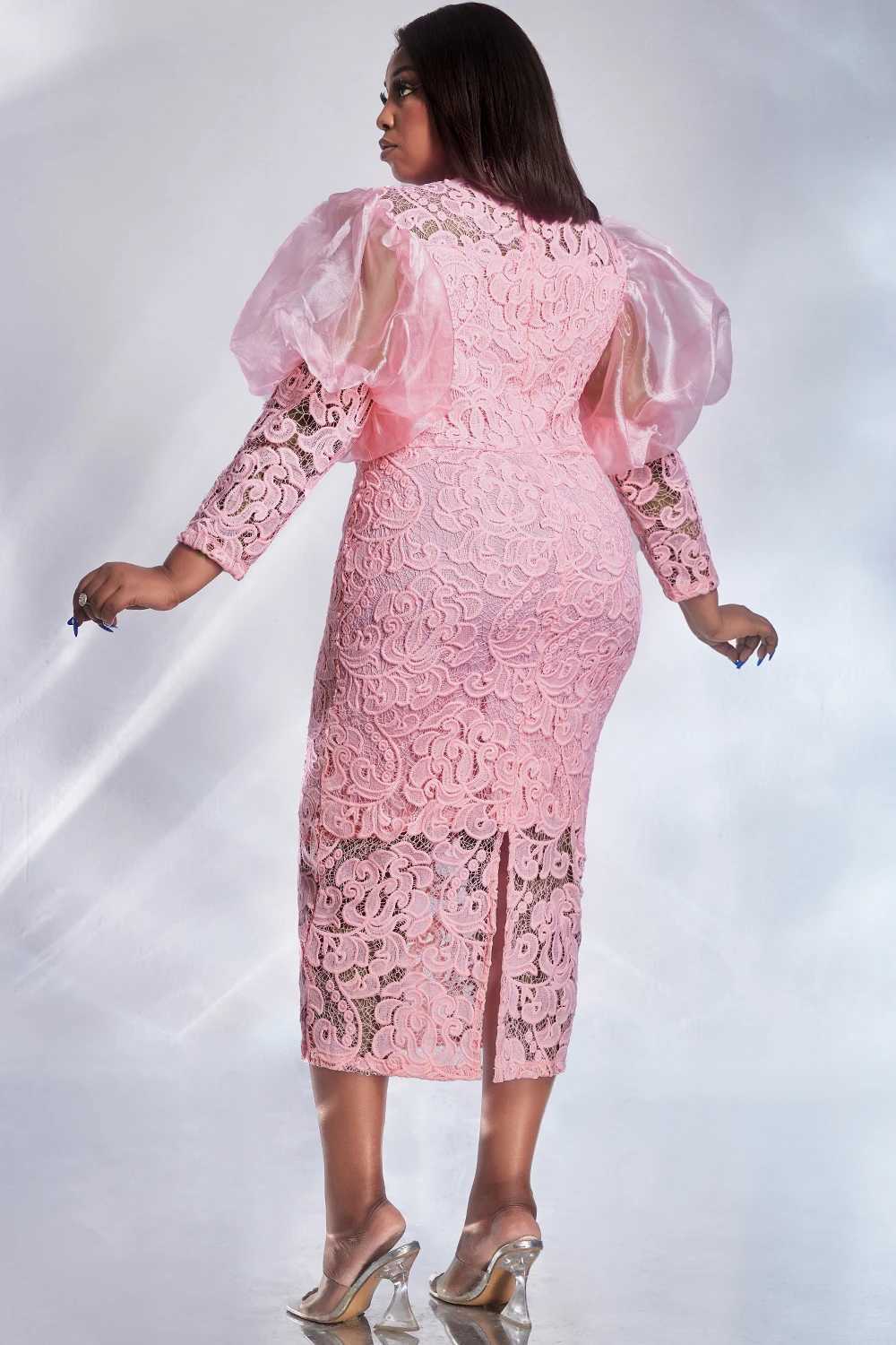 Women Plus Size Formal Dress Pink Lace Puff Sleeve See-Through Midi Dress Elegant Sweet Wedding Guest Cocktail Bodycon Dresses M240924