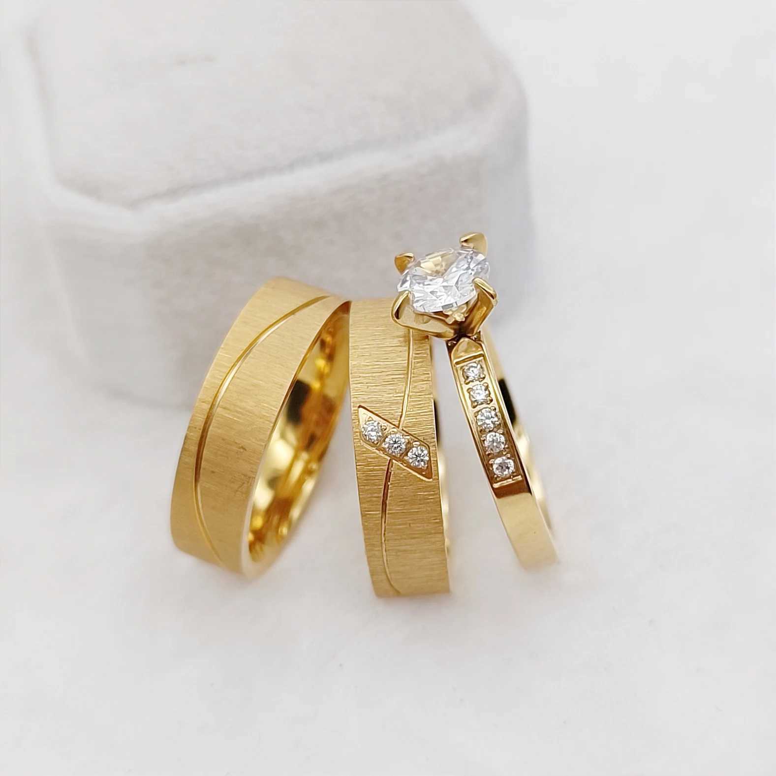3-piece engagement ring set mens and womens 24k gold-plated jewelry wedding rings W240925
