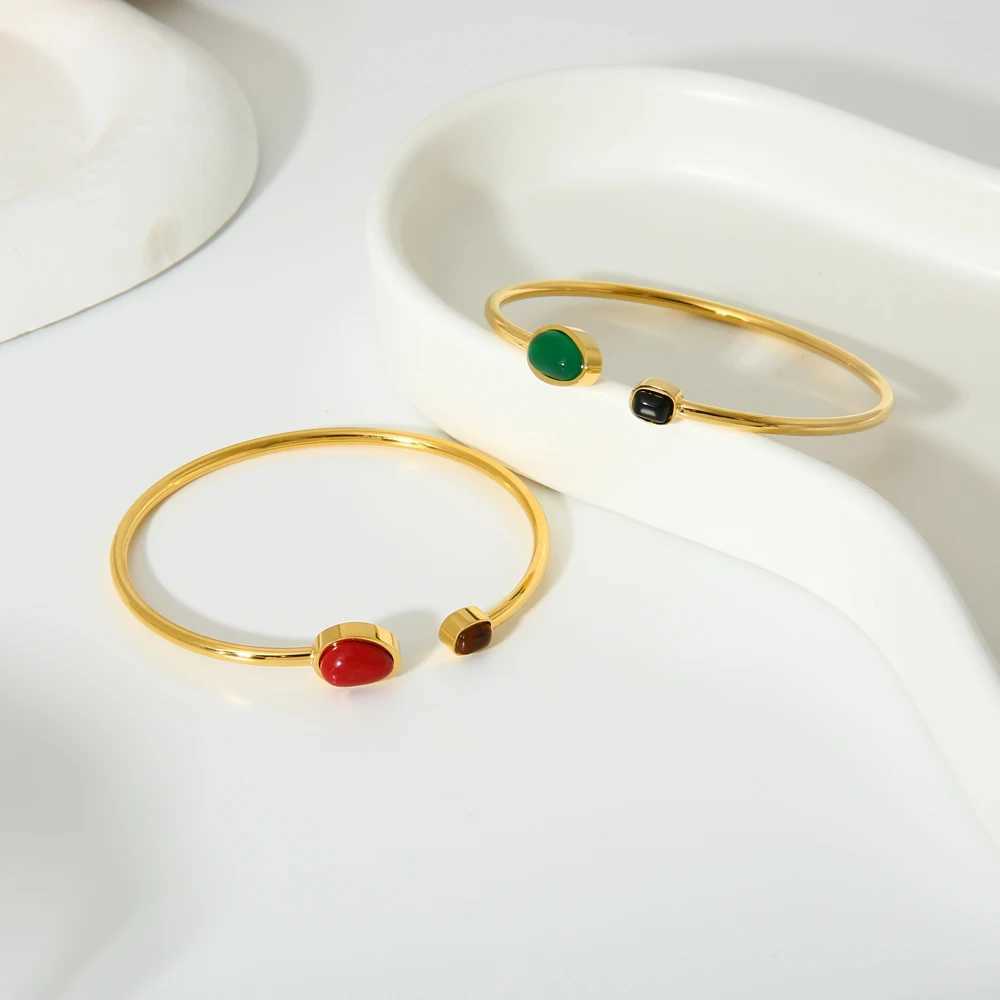 New Stainless Steel Natural Stone Open Cuff Bracelet Bangle Green Red Black Stone PVD 16K Gold Plated Tendy Jewelry for WomenX240925