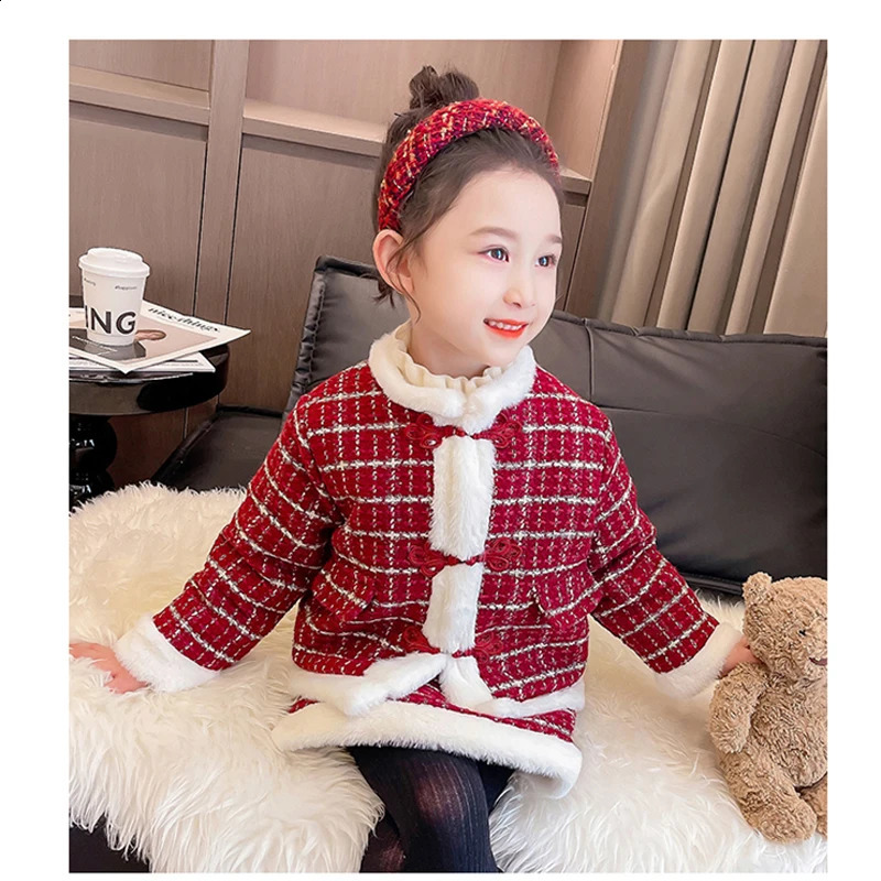 Kids 2pcs Tweed Clothes Set Girls Fashion Spring Winter Children Plush JacketDress For 1-8 Years Elegant Sweet Outfit XMP594 240913