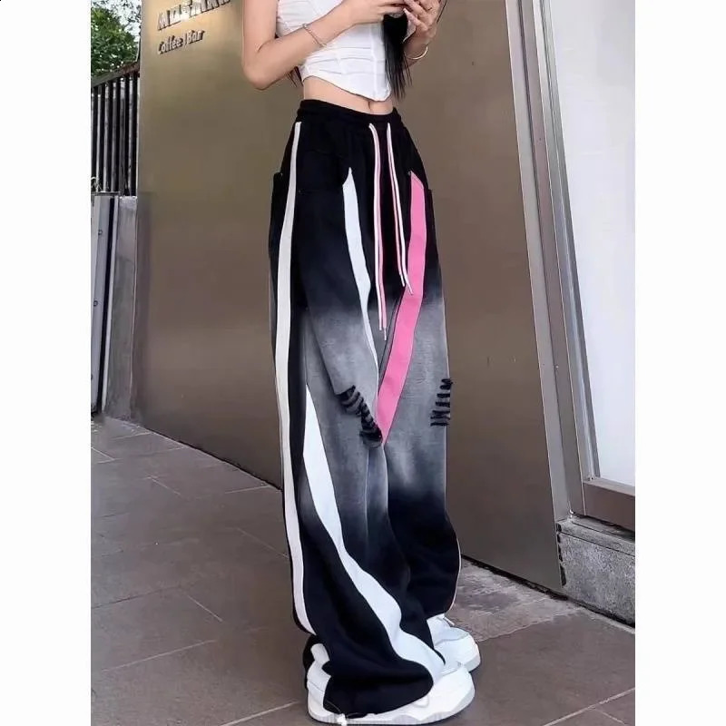 American retro tear casual womens spring and autumn thin street sports pants narrow straight wide Z260314