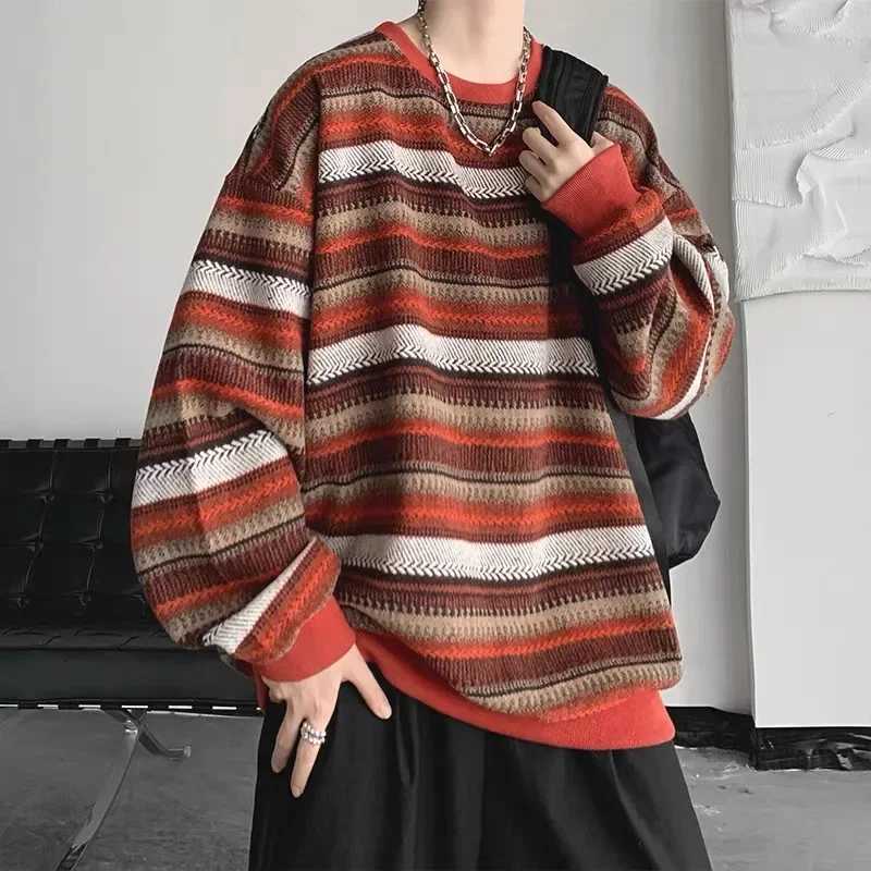 Vintage Striped Sweatshirt Mens Casual Loose Fit Round Neck Top Korean Trendy Brand Idle Style Pullover Jacket Spring AutumnX240925