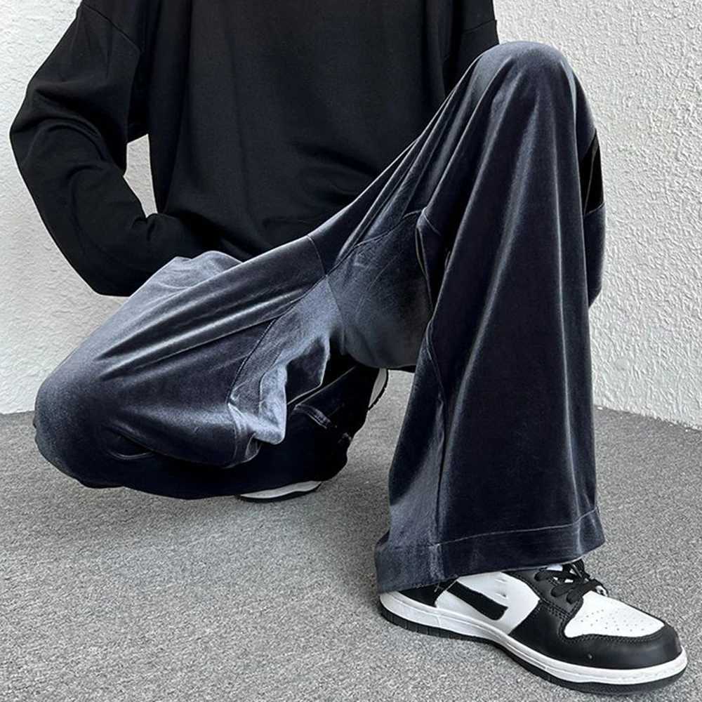 High Strt Casual Sweatpants Mens Gold Velvet Wide-leg Pants Spring Fall Clothes Large Size Trendy Loose Y2k Glossy Long Pants M240924