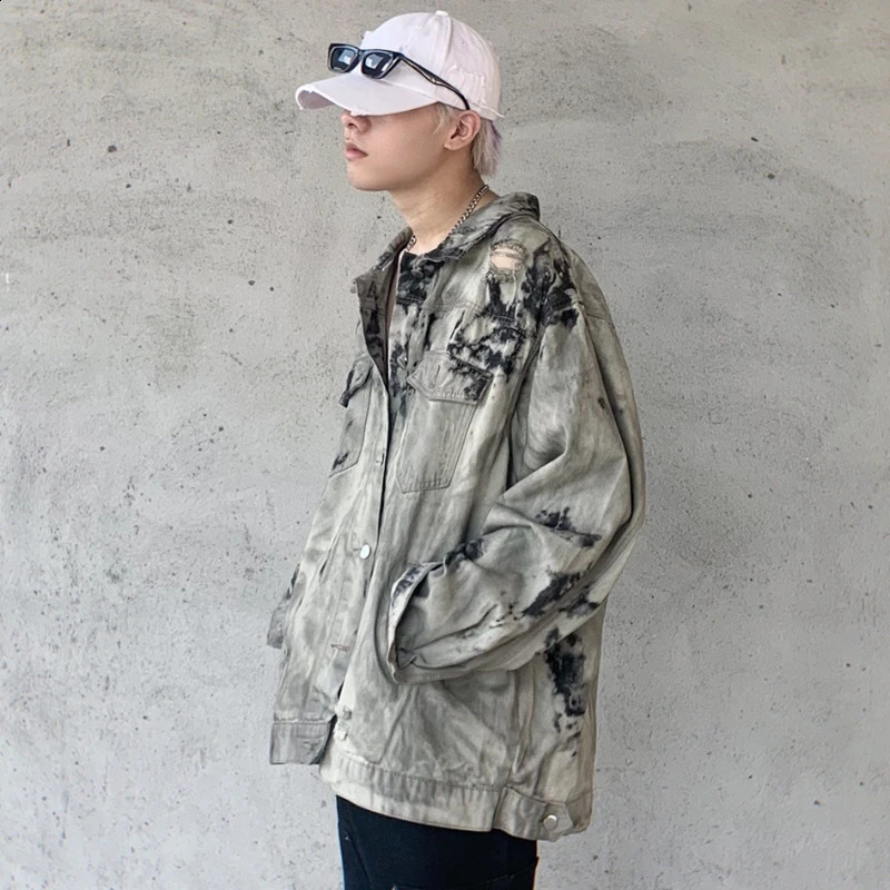 Denim Jackets Men Casual Baggy Fashion High Street Tie Dye Spring Autumn Hole Pocket American Style Vintage Handsome 240913