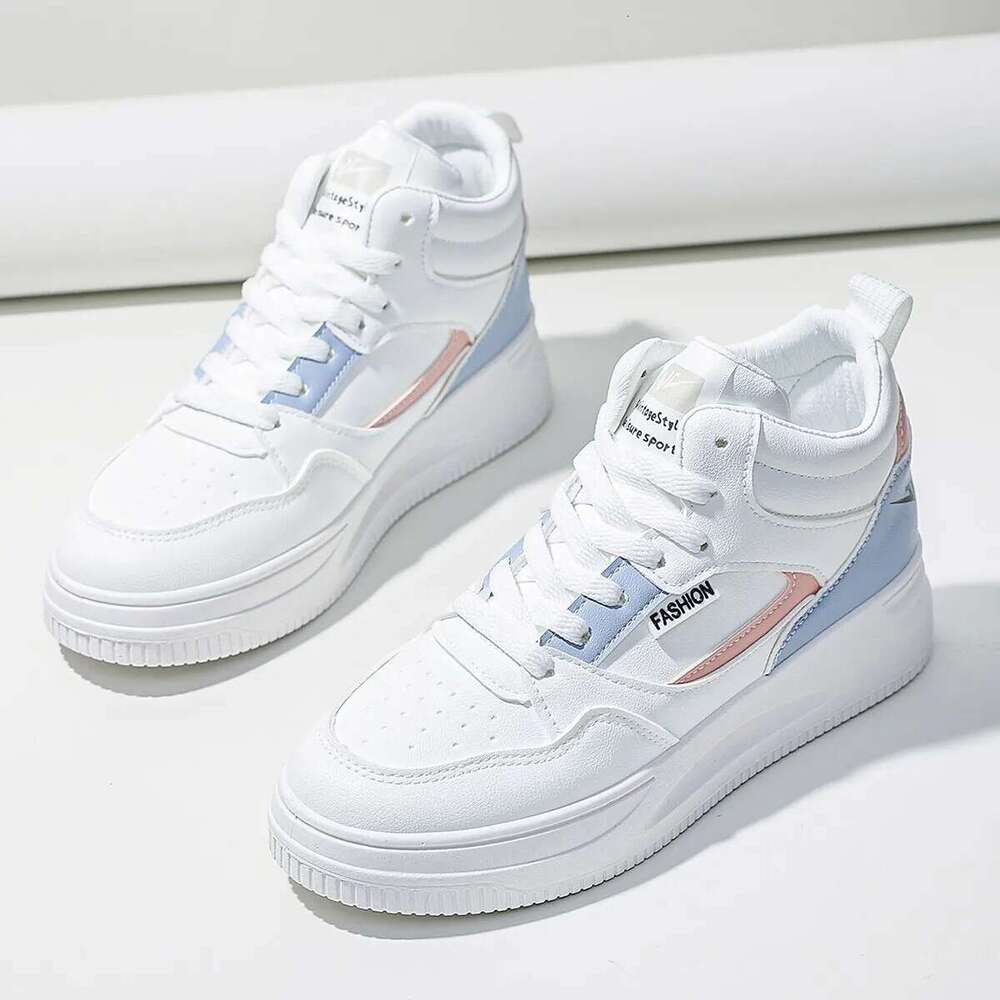 Women White Colorblock Lace-Up Front Skate Shoes High-top Light weight Work Sneakers for Indoor Outdoor Gym