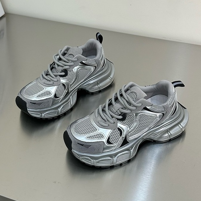Soft leather breathable silver dad shoes, women's 2024 spring/summer lightweight thick soled sports shoes, trendy and versatile, height increasin