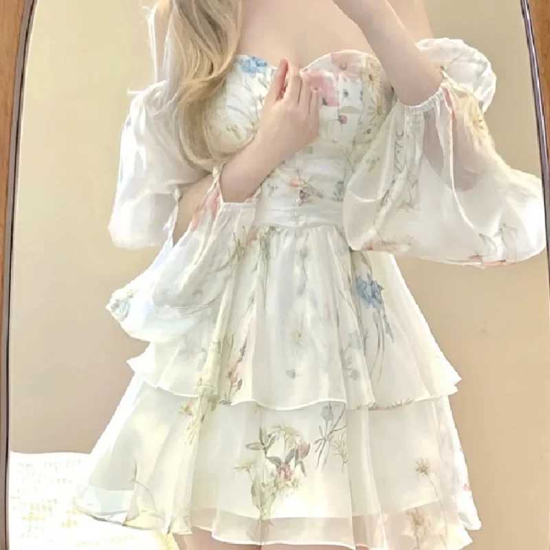 French Elegant Floral Mini Dress Chiffon Long Sleeve Evening Party Dress Women Holiday Beach Boho Fairy Dress Korean Y2k M240924