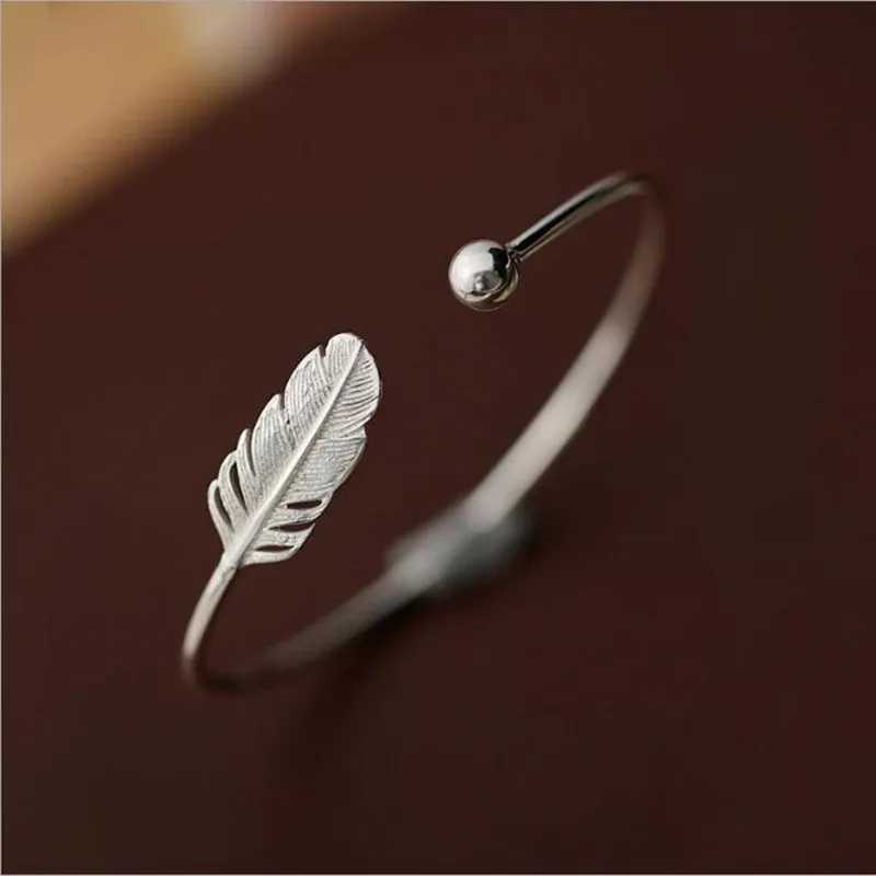 New Fashion 925 Sterling Silver Jewelry Not Allergic High-quality Female Simple Feather Small Ball Open Bracelets SL009X240925