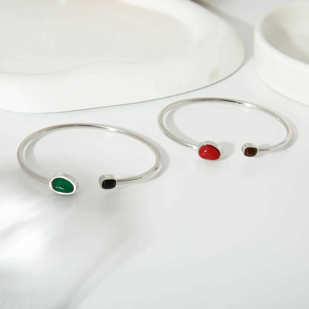 New Stainless Steel Natural Stone Open Cuff Bracelet Bangle Green Red Black Stone PVD 16K Gold Plated Tendy Jewelry for WomenX240925
