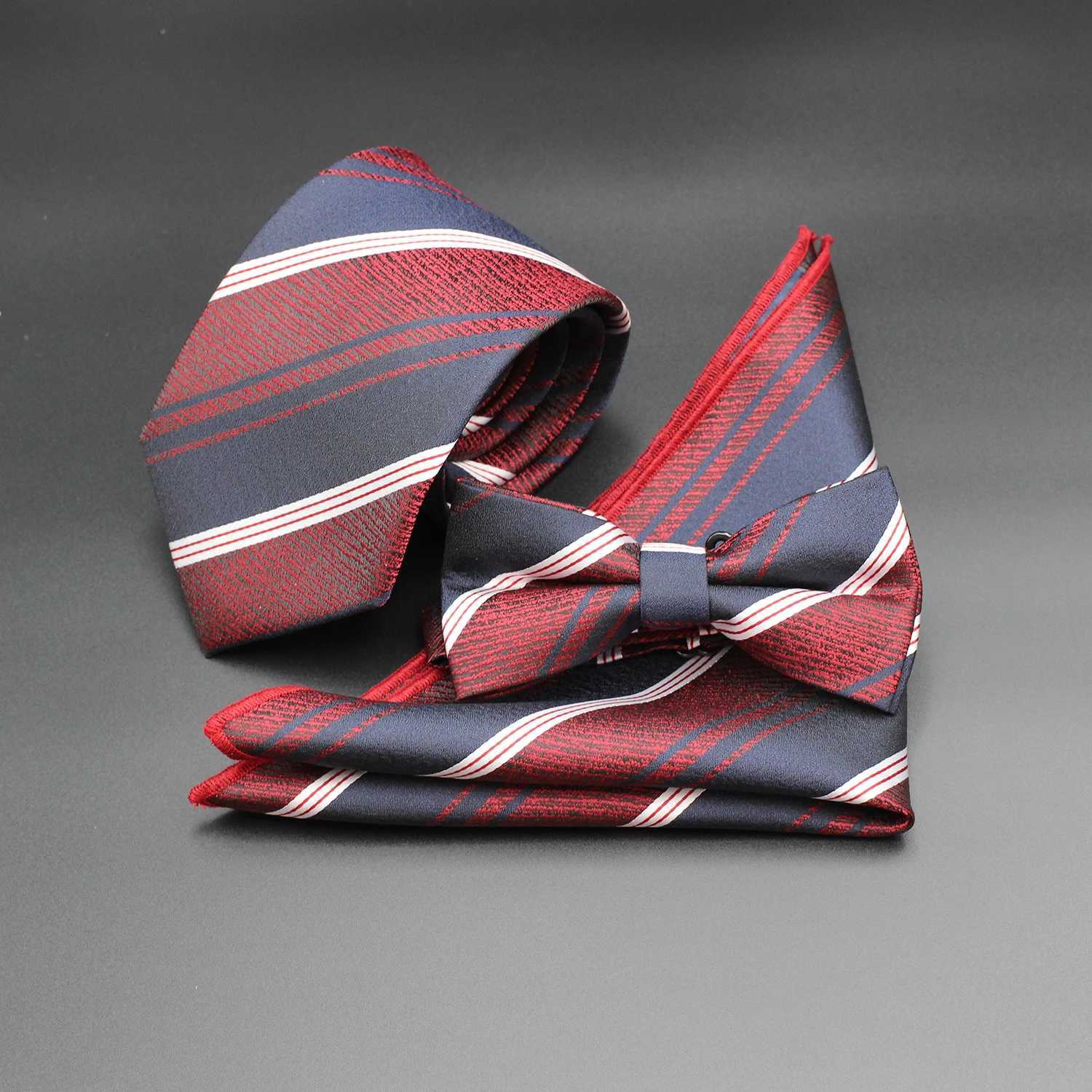 8cm New Red and Blue Ribbon Mens Fashion Jacquard Stripe Geetry Necktie Pocket Square Set Gro Wedding Party Business Y240925