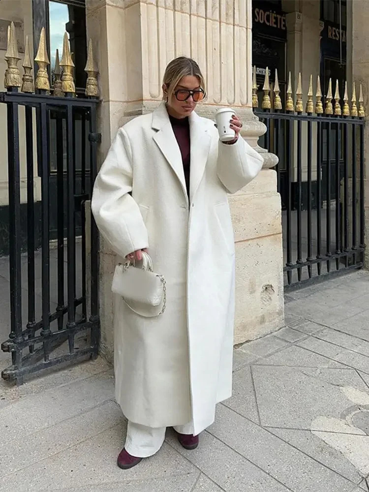 Autumn Oversized Solid Woolen Lapel Long Sleeve Coat Women Fashion One Button Overcoat 2024 Winter Lady High Streetwear 240921