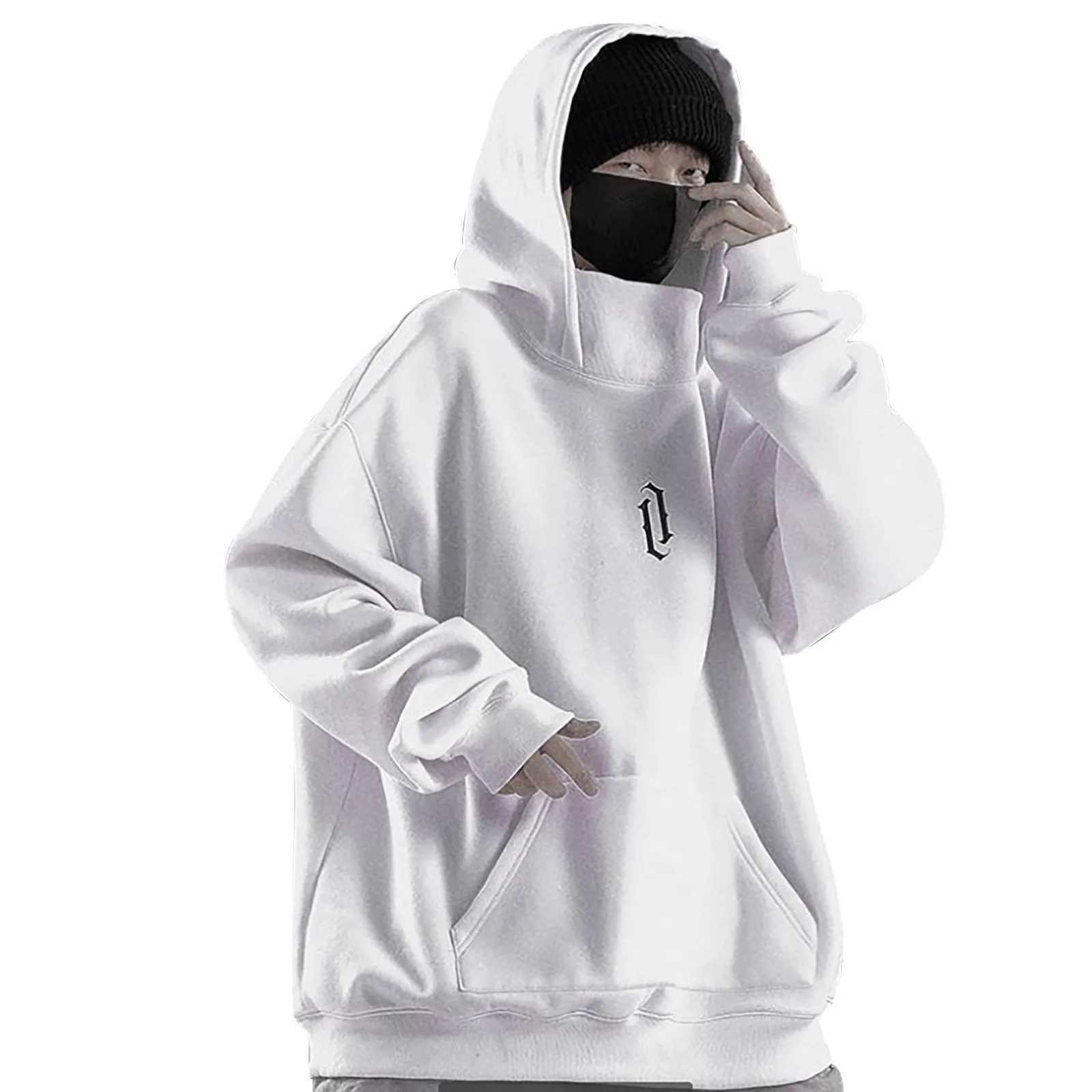 Men Hooded Sweatshirt Autumn Winter Solid Color Long Sleeve Hoodies Loose Hip Hop Ninjas Hoodie High Neck Sports Pullover StreetX240925