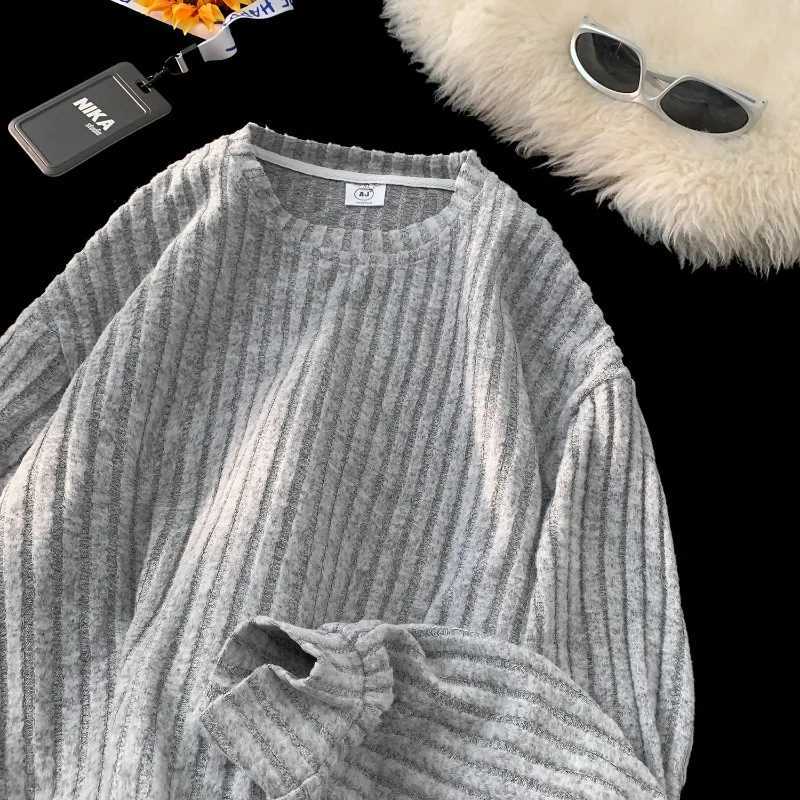Solid Vertical Stripes Long Sleeve Mens Round Neck Sweatshirt Korean Leisure Loose Knit Trendy Couple PulloverX240925