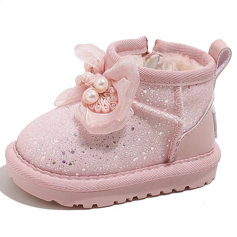 Winter Baby Snow Boots Suitable for Girls Sparkling Bow Warm Plush Childrens Shoes Fashionable Preschool EU 1625 240925