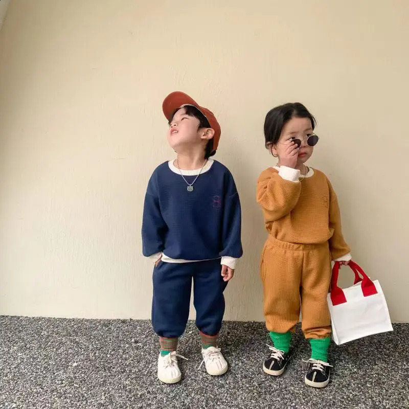 boys round neck set girls solid color cute spring and summer childrens fashion casual twopiece 12M6 years old 240925