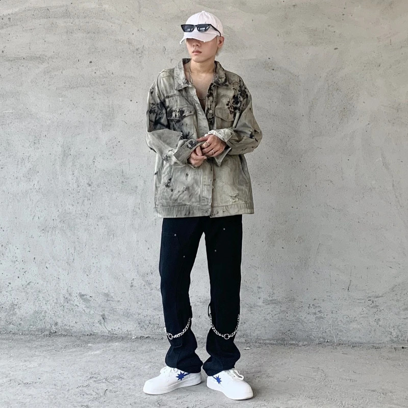 Denim Jackets Men Casual Baggy Fashion High Street Tie Dye Spring Autumn Hole Pocket American Style Vintage Handsome 240913