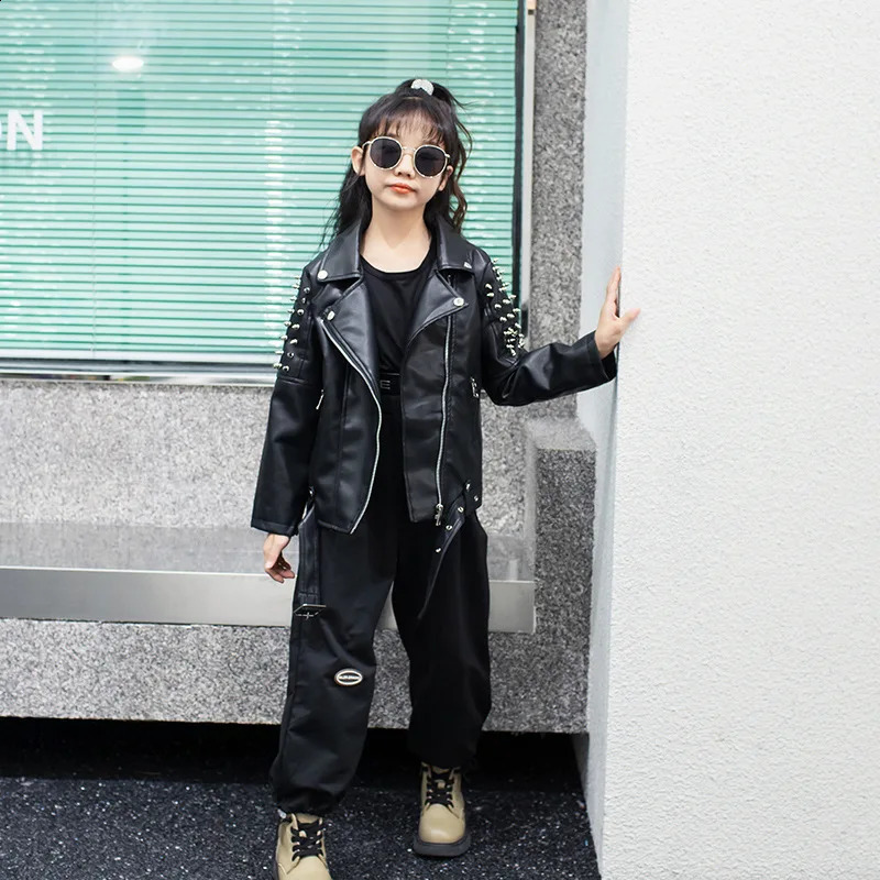 Spring Autumn Performance Motorcycle Black PU Coat Kids Rivet Childrens Leather Jackets For Girl Boys Zipper Clothes XMP19 240920
