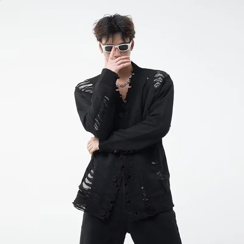 Y2K mens cardigan sweater Japanese Harajuku hole single chest sweater jacket fashionable V-neck streetwear couple high street knitted jacket 240924