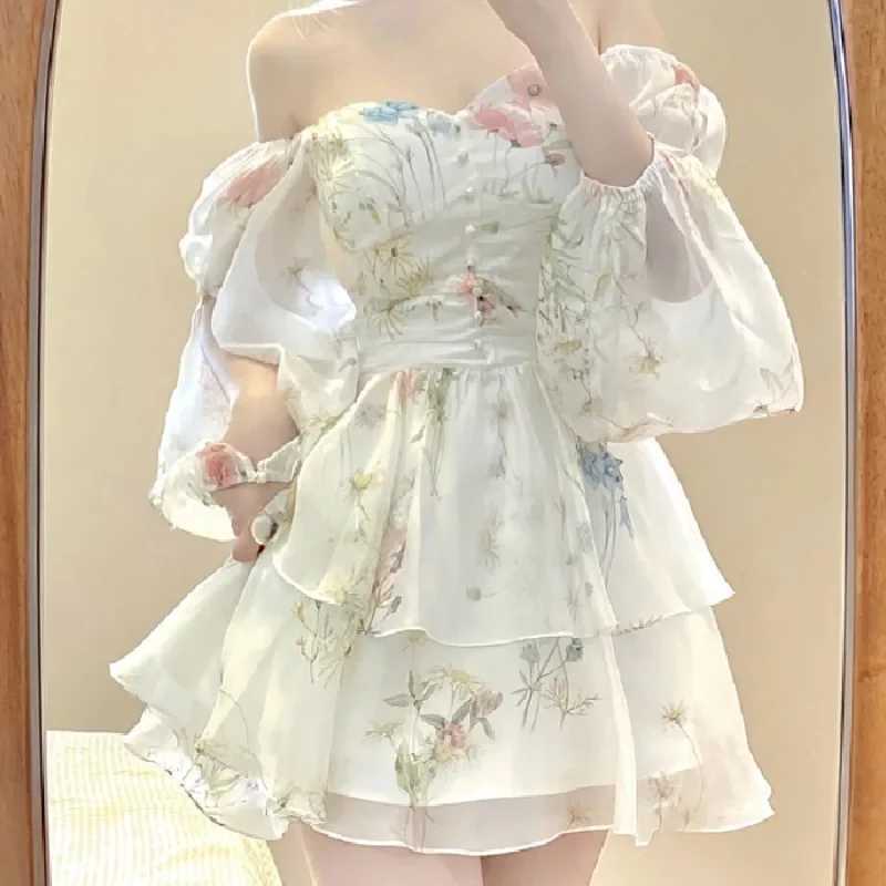 French Elegant Floral Mini Dress Chiffon Long Sleeve Evening Party Dress Women Holiday Beach Boho Fairy Dress Korean Y2k M240924