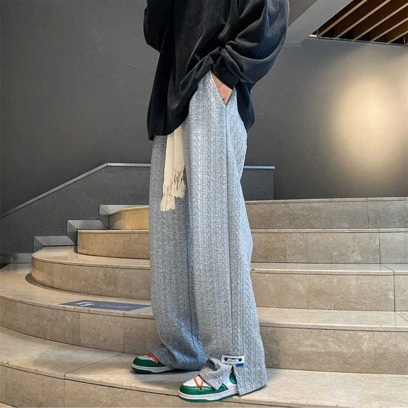 Men High Strt Sweatpants Fashion Loose Casual Side Slit Straight-Leg Pants Vintage Blue Jacquard Casual Bottoms Male Clothes M240924