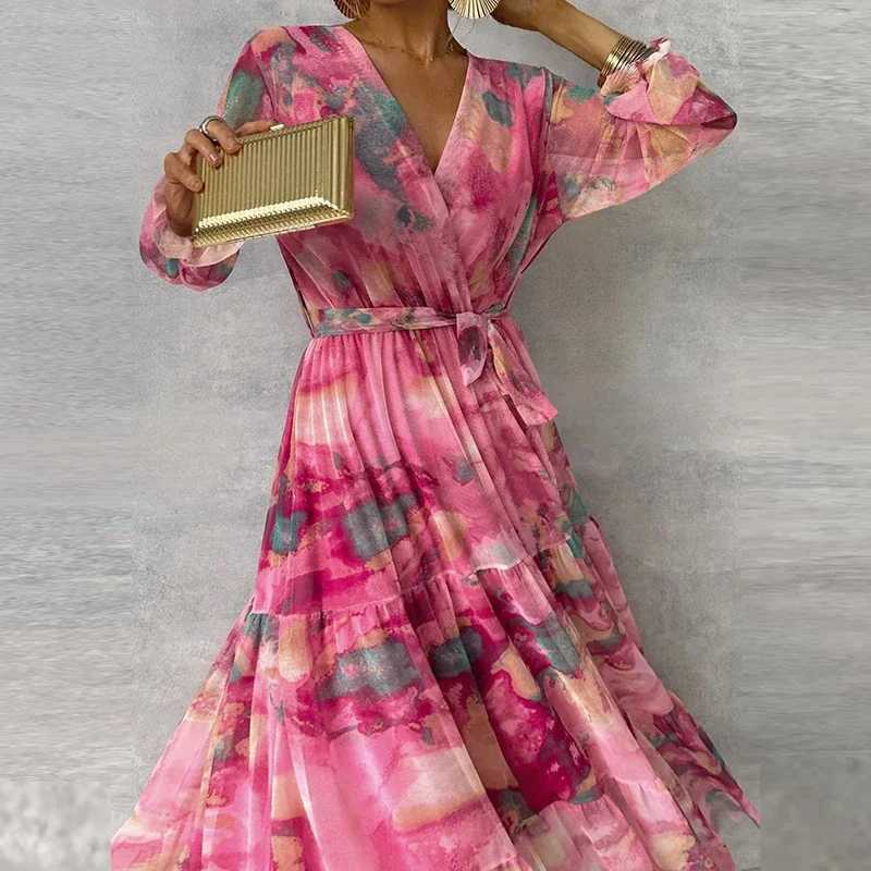 Spring Long-sleeved Floral Print Boho Dress Women Elegant V Neck Pleated Long Dress Summer High-waisted Belted A-Line Maxi Dress M240924