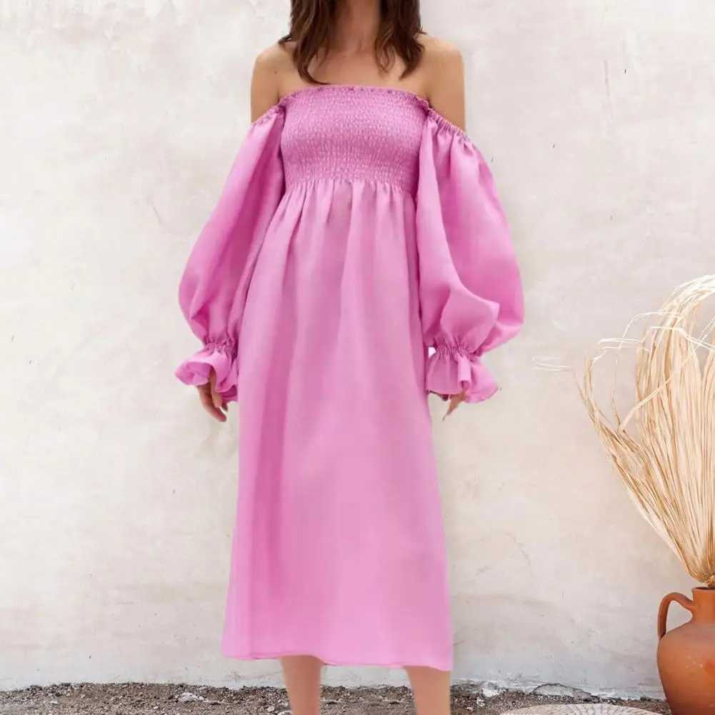 Casual Women Dress Elastic Chest Wrap Lantern Long Sleeve Sweet Dress Square Collar Off Shoulder Summer Midi Dress Streetwear M240924