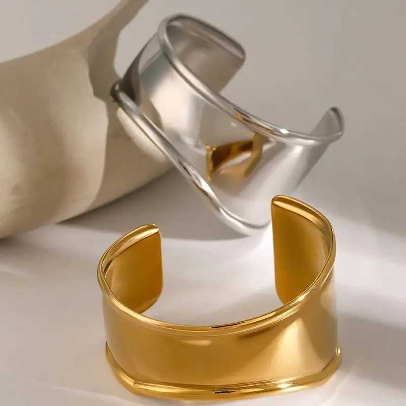 CARLIDANA High Quality Stainless Steel Metal Wide Cuff Open Bracelet Bangle Fashion Waterproof Personalized Unisex JewelryX240925
