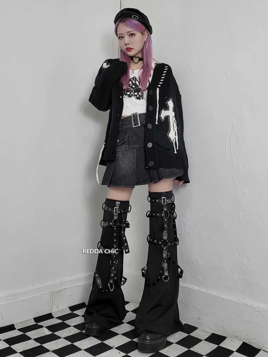 Other Fashion Accessories REDDACHiC Steampunk Leather Harness Leg Warmers Women Retro Black Boots Cover Thigh Long Socks Grayu Y2k Harajuku Emo Stree 