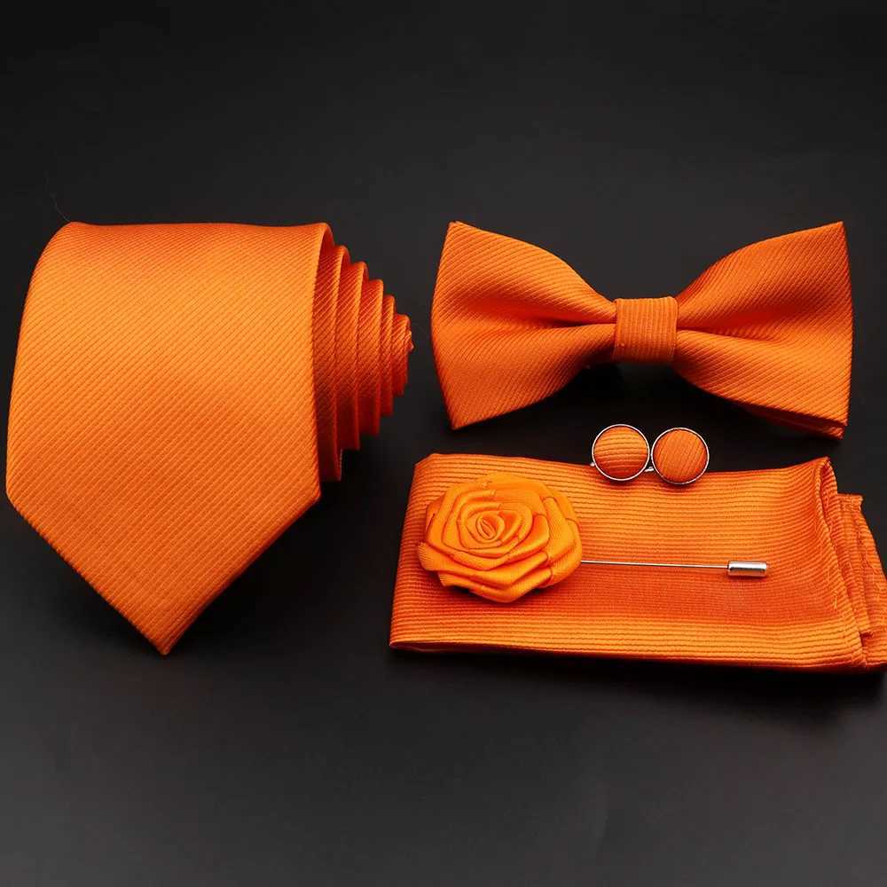 New Solid Color Striped Men Tie Set Polter Jacquard Woven Necktie Bowtie Suit Vintage Red For Gro Business Wedding Party Y240925