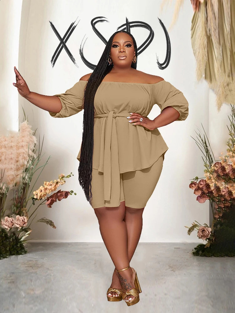 Set Woman 2 Pieces Elegant Spring Summer Women Clothes 2024 Elastic Off The Shoulder Top and Shorts Plus Size Matching Sets 240924