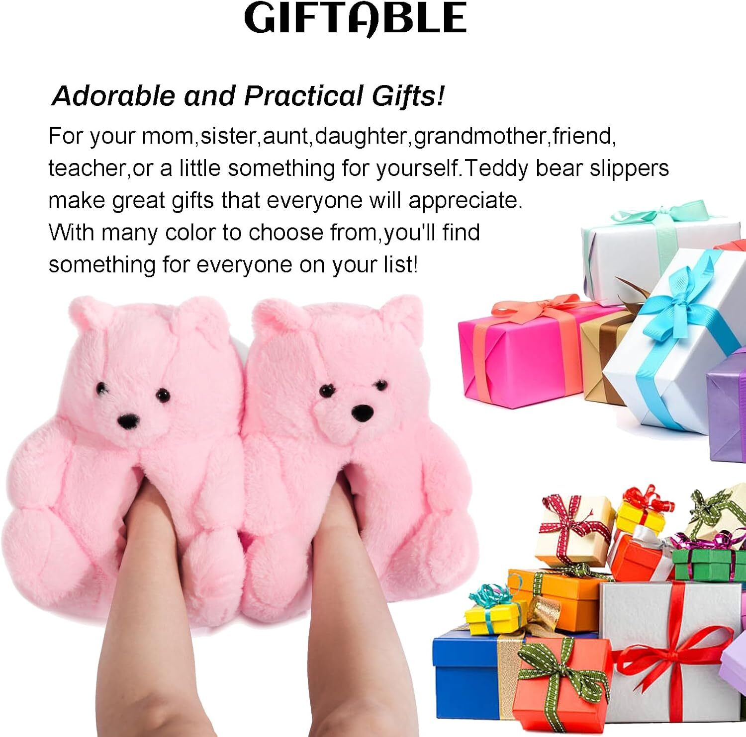 Teddy Bear Slippers Cute Plush Stuffed Animal Slippers Pig Slides Funny Fluffy House Bedroom Sandals for Women Teen Girl Trendy Stuff Christmas Hallow