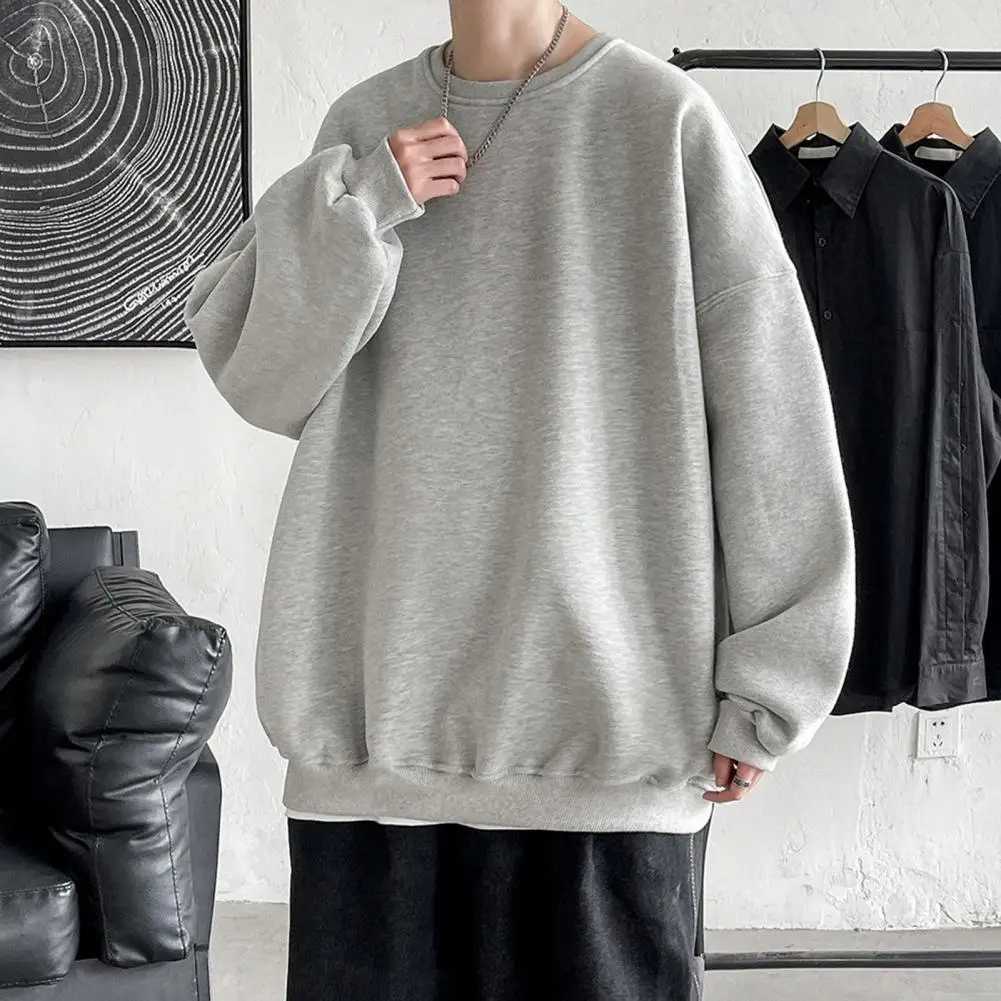 Men Fall Winter Sweatshirt Loose Solid Color Round Neck Long Sleeve Thick Warm Soft Unisex Casual Simple Style Couple TopX240925