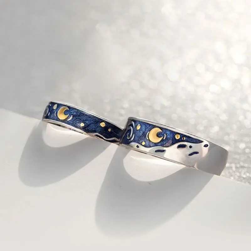 2PCS S925 Silver Plated Van Gogh Blue Starry Sky Open Lover Ring Band Love Forever Ring Set Romantic Jewelry W240925