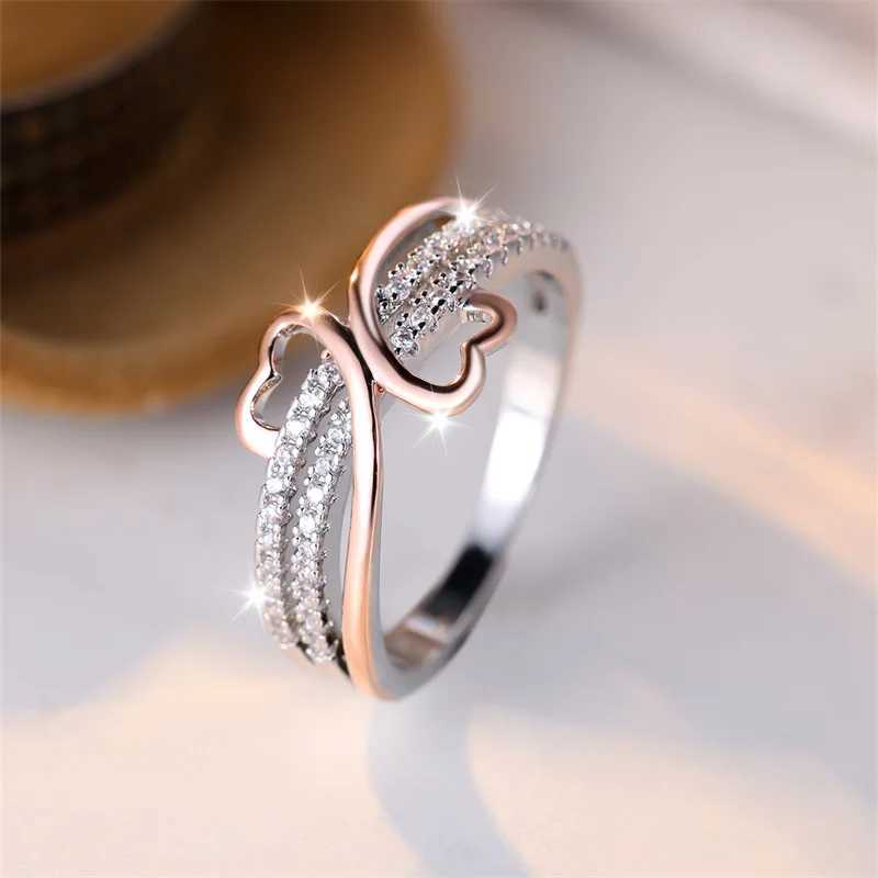 Two tone rose gold silver double heart-shaped ring suitable for women white zircon Ins Unlimited Wedding Band bridal engagement jewelry W240925