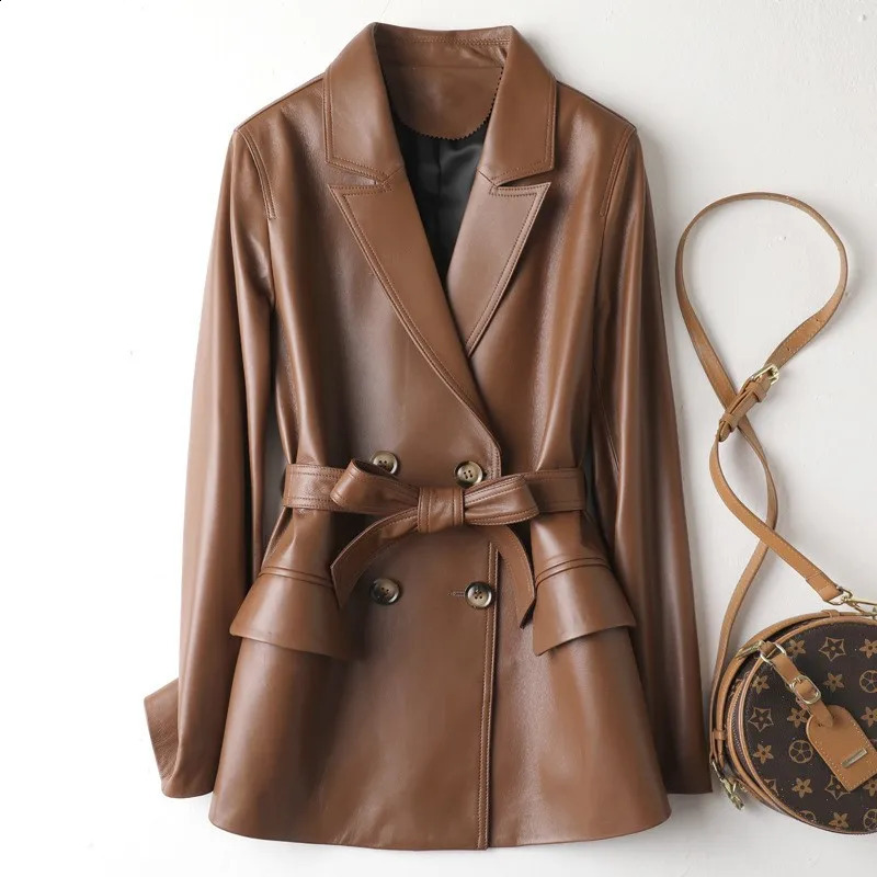 Womens sheepskin suit jacket weight loss belt MIDI length genuine leather coat spring and autumn 240924
