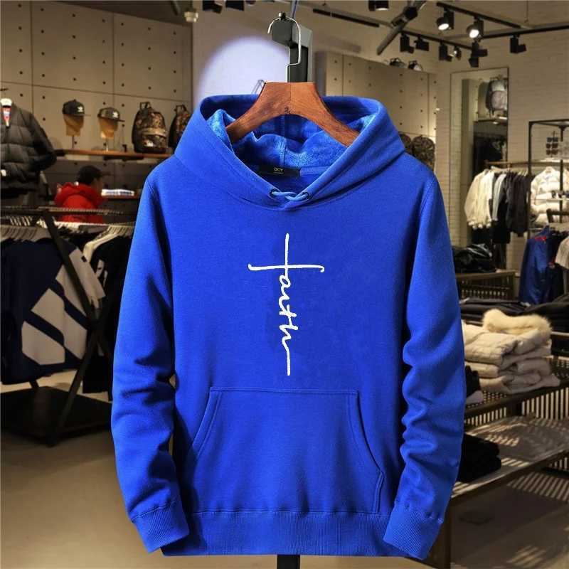 Autumn And Winter Mens Casual Sports Fleece Outdoor Comfortable Round Neck Fashionable Faith Printed Sports Hooded SweatshirtX240925