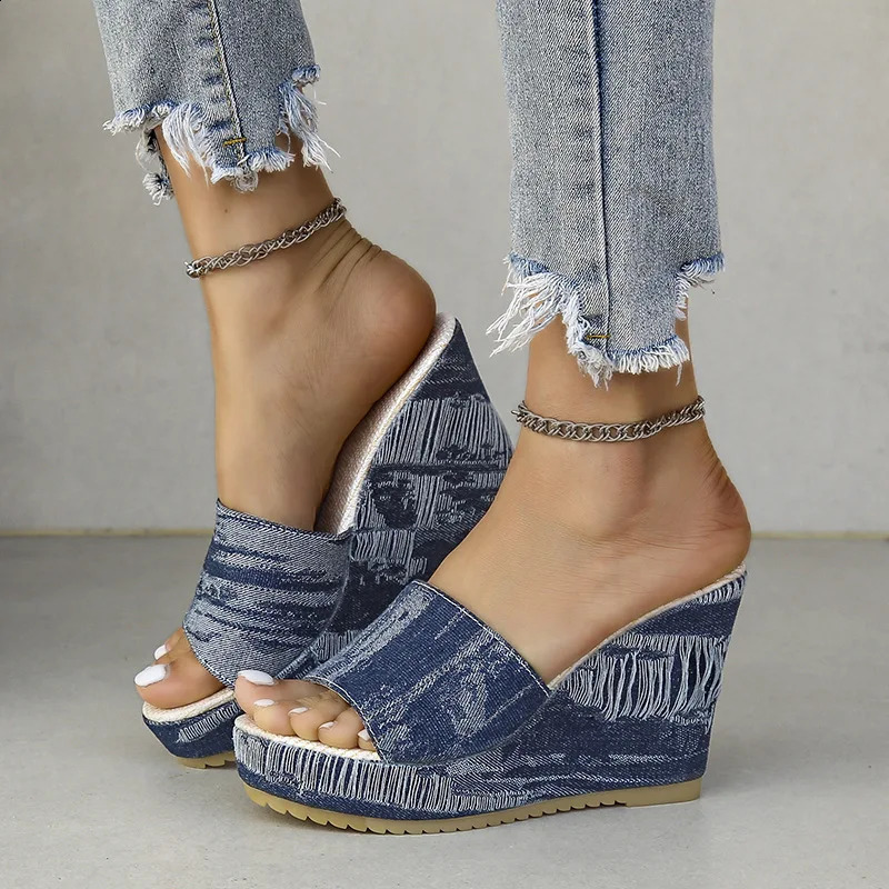 Slippers Women Summer Shoes Big Size On A Wedge Pantofle Slides Platform Heeled Mules Fashion Low Denim High Luxury PU Rome 240924
