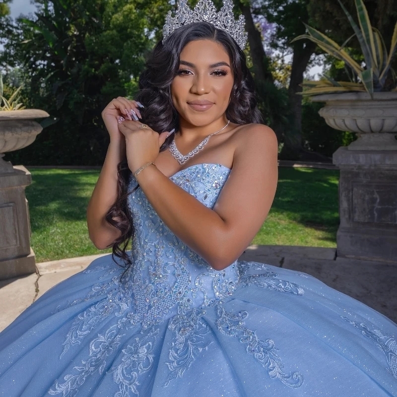 Sky Blue Shiny Ball Gown Quinceanera Dresses Off The Shoulder Lace Appliqued Beads Tull Corset Sweet 16 Dress Vestidos De 15 Anos