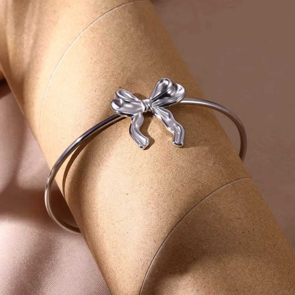 Bow Knot Bangles Bracelet Thin Side Stainless Steel Bangle Classic Simple Open Adjustable Wrist Jewelry Accessories pulseras BFFX240925